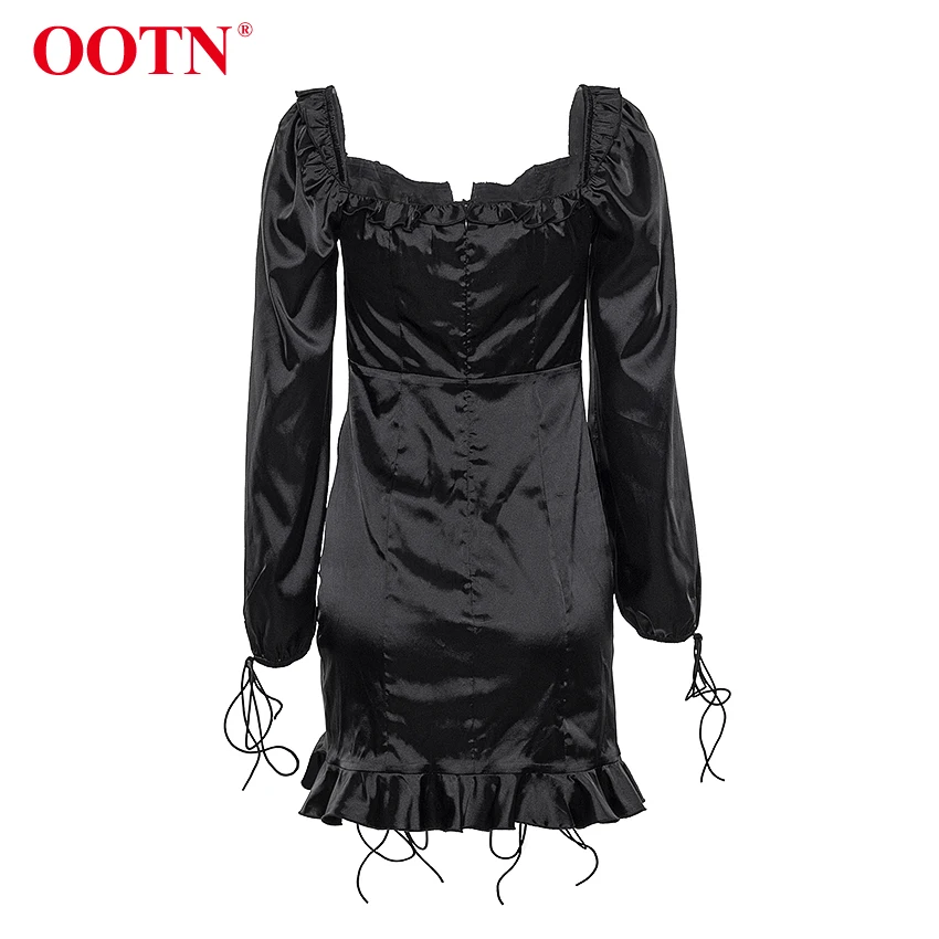OOTN, сексуальное сатиновое платье с открытыми плечами и рюшами, мини-платье с рюшами и завязками, женское черное элегантное платье с длинным рукавом