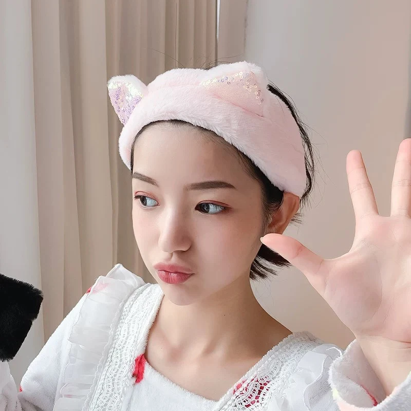 

Plush hairband Cat Ears Headbands Cute Elastic Headband for Women Makeup Face Washing Headband Soft Headwrap Hair Accessory