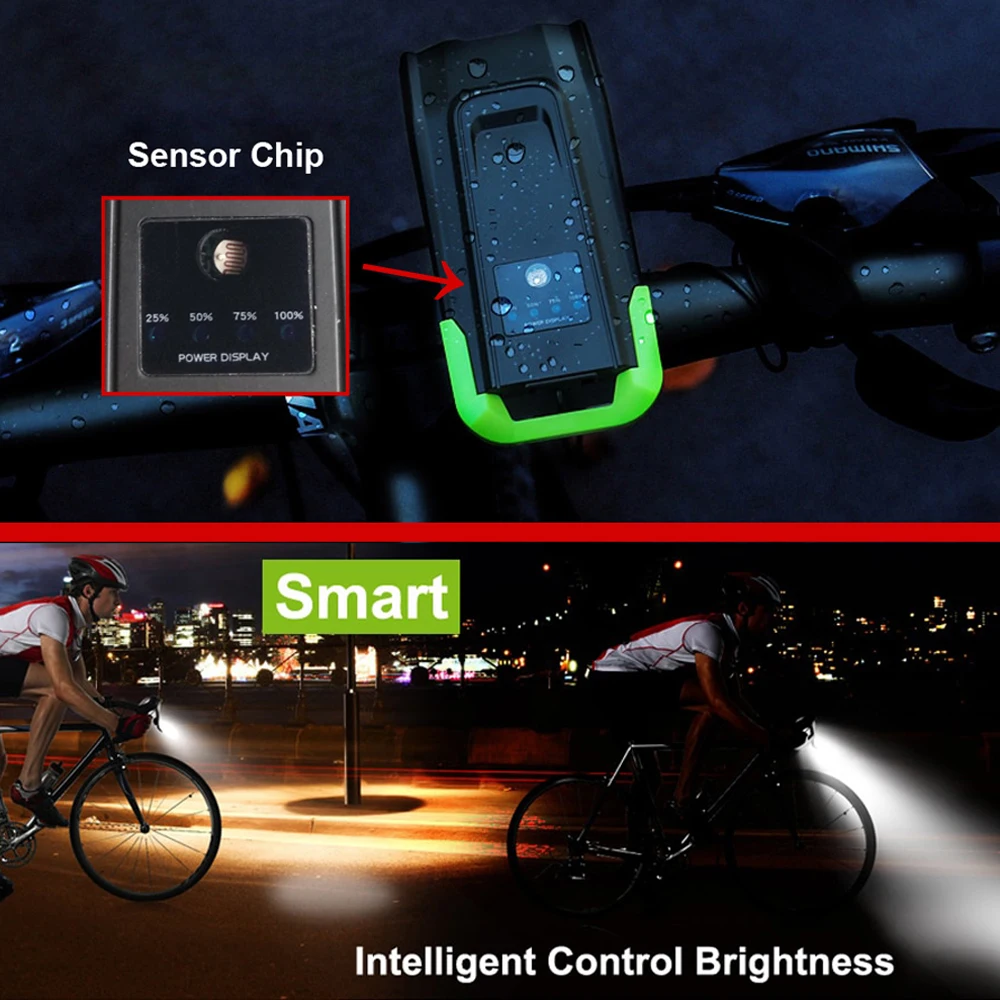 Умный индукционный велосипедный передний фонарь 4000 мАч зарядка через USB 2 * T6