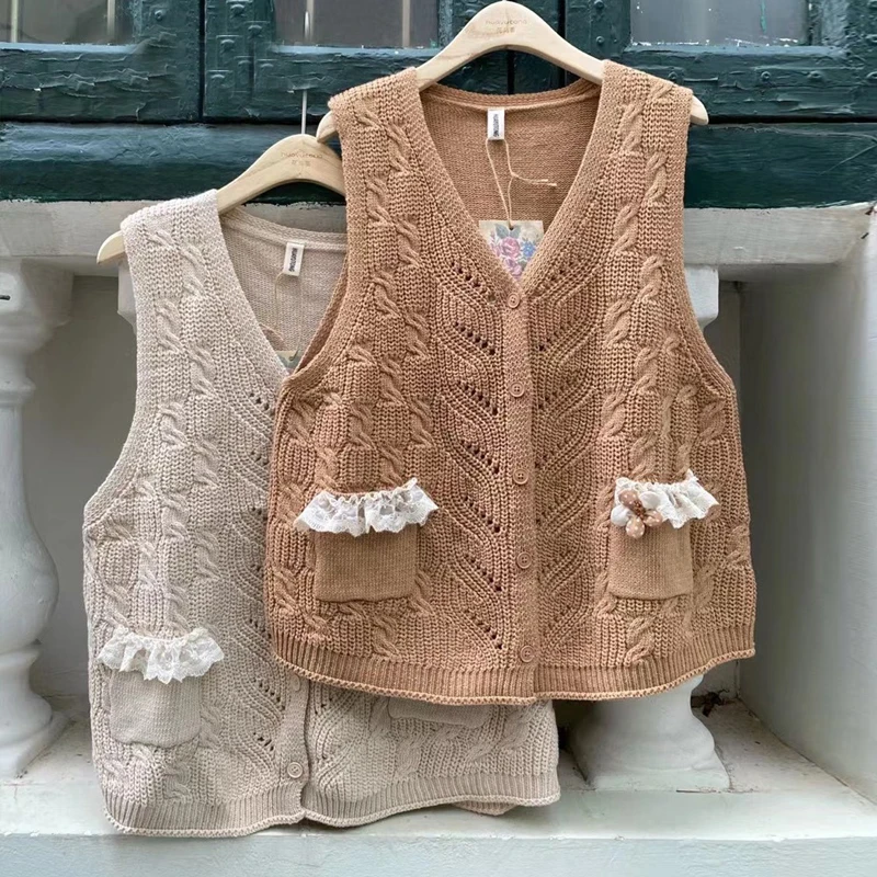 

Johnature New Mori Knitting Women Vests 2022 Autumn Sleeveless Japanese Loose V-neck Patchwork Lace Vests