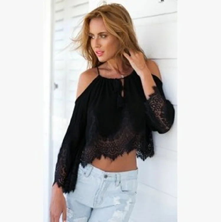 

Sexy Lace Chiffon splicing off shoulder top
