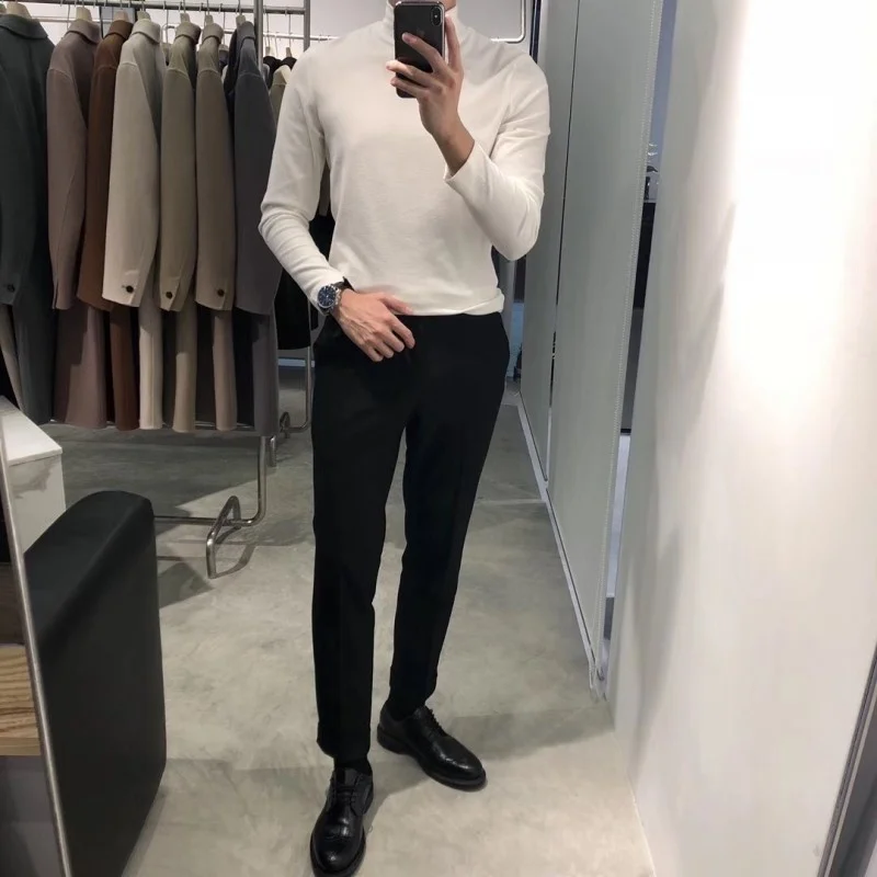 

Мужская трикотажная водолазка с длинным рукавом, Повседневный пуловер приталенного силуэта, однотонный Модный трикотажный свитер в Корейс...