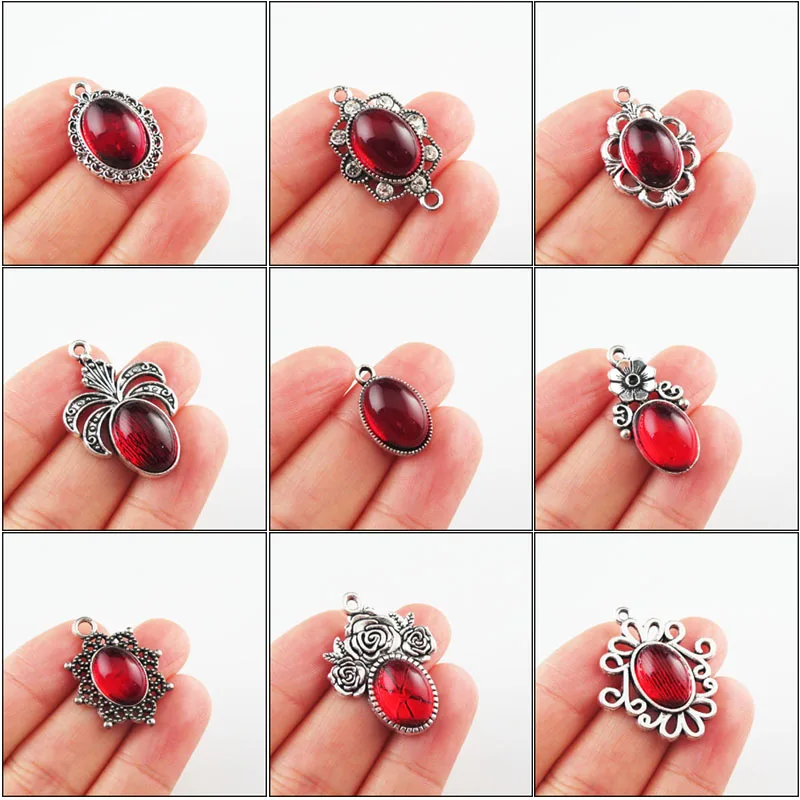 

Fashion New Clover Flower Rose Oval Charms 10x14mm Red Glaze Tibetan Silver Plated Pendants Retro