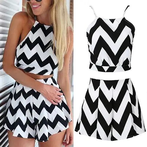 Горячая Распродажа женский летний костюм из двух частей полосатый топ без