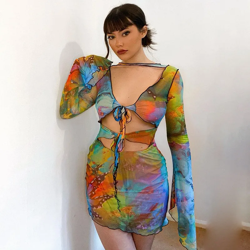 

Butterfly Tie Dyeing Print Sexy Women Dress Clubwear 2021 Long Flare Sleeve Hollow Out Lace-up V-neck Pencil Dresses