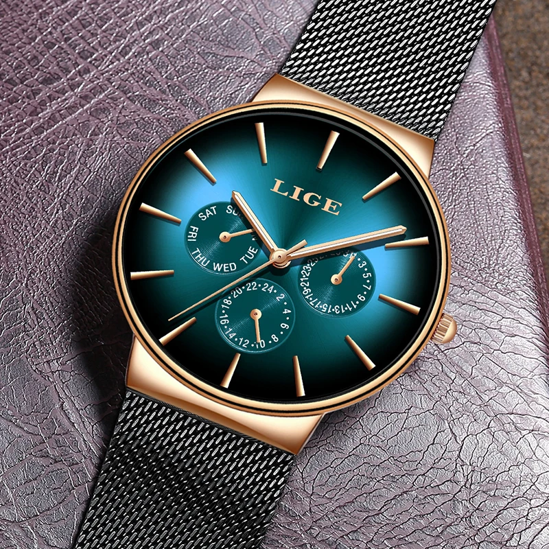 Часы наручные LIGE мужские с сетчатым ремешком креативные брендовые люксовые