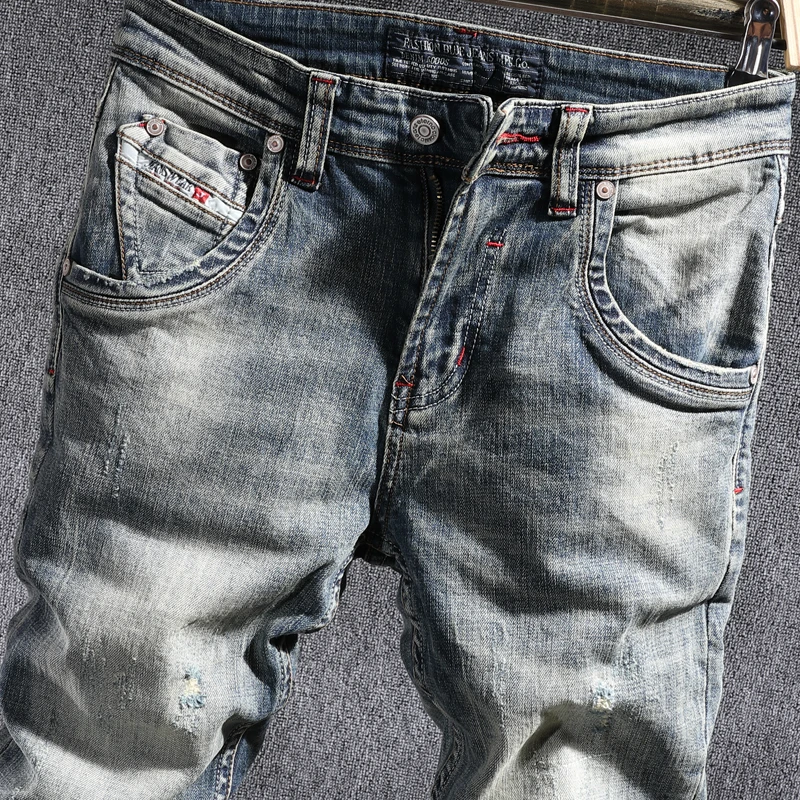 European Vintage Fashion Men Jeans Retro Blue Distressed Washed Elastic Ripped Jeans Men Slim Fit Designer Casual Denim Pants