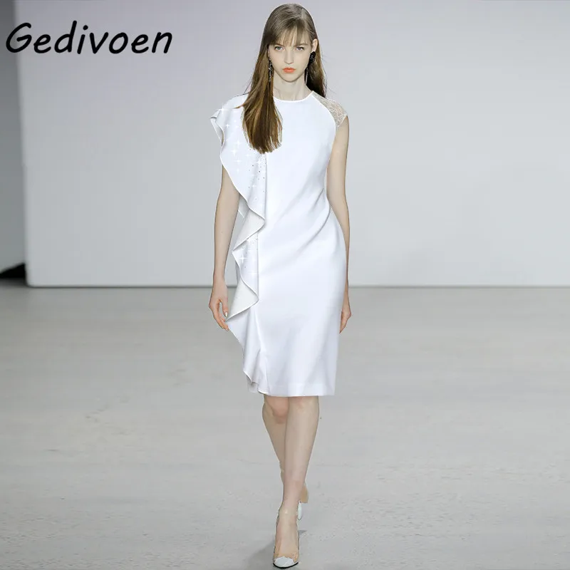 

Модное дизайнерское летнее женское платье Gedivoen, однотонное облегающее вечернее вечерние миди с круглым вырезом, оборками и бисером