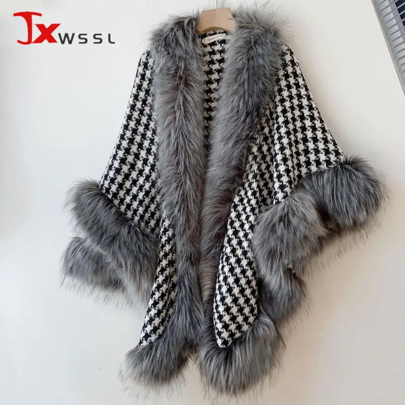 

2021 Autumn Winter Faux Fox Fur Coat Oversized Elegant Ladies Party Dinner Shawl Scarf cloak Fashion houndstooth Outerwear
