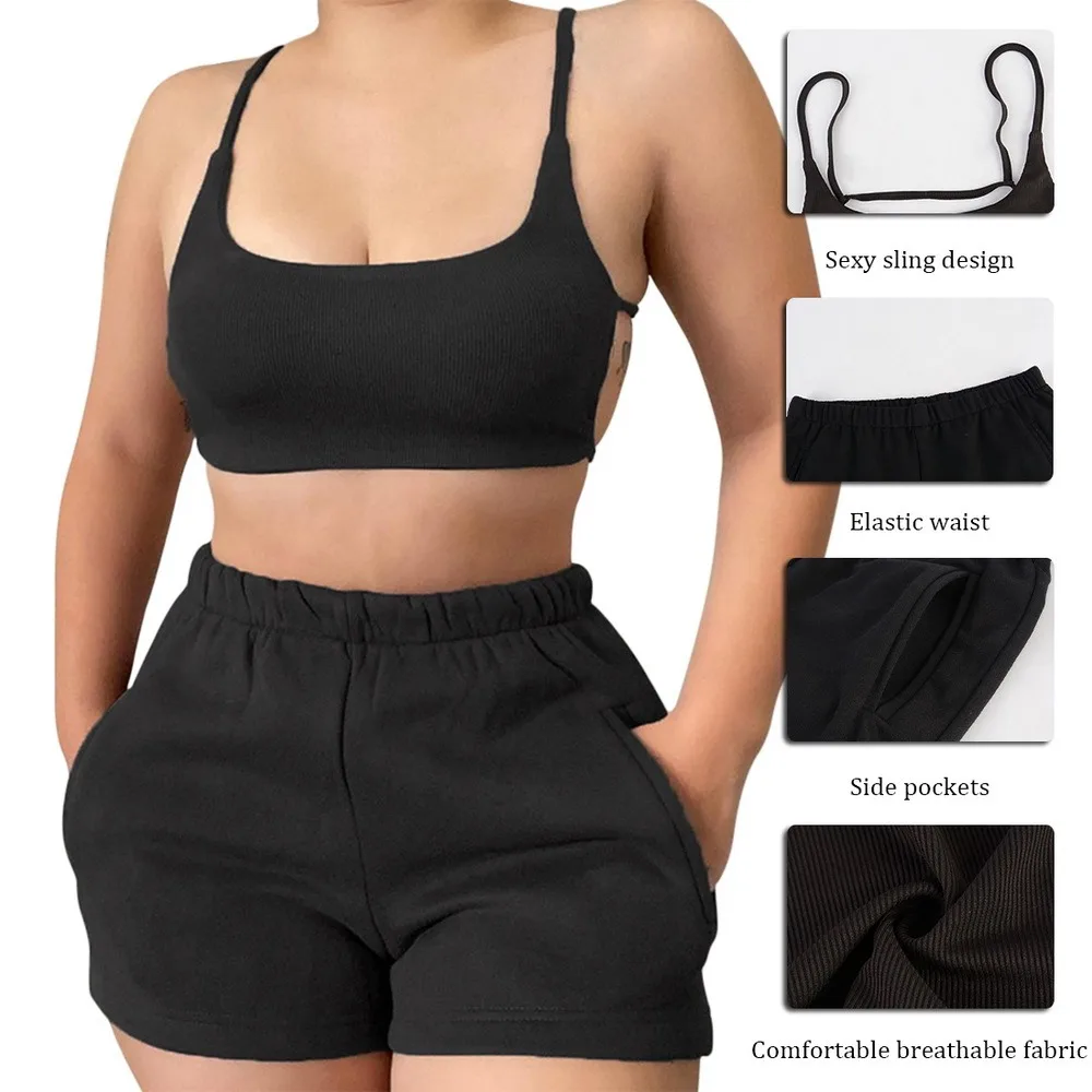 

Ladies solid color two-piece sexy backless sleeveless vest side pocket shorts summer sports casual wear