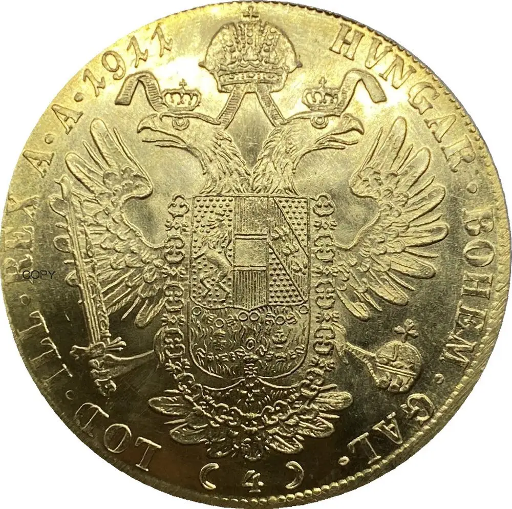 Австрия Габсбург 1911 года, 4 Дуката Франц Иосиф I, Австрийский император, двуглавый австро-венгерский орел с короной, золотая копия монеты.
