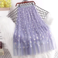 summer mesh embroidery floral long skirt womens fashion elastic high waist flower midi skirts female casual pleated tulle skirt
