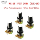 5 шт.WH148 1K 2K 5K 10K 20K 50K 100K 250K 500K 1M Ohm 20 мм 3-контактный потенциометр углеродной пленки + Комплект ручек поворотного переключателя
