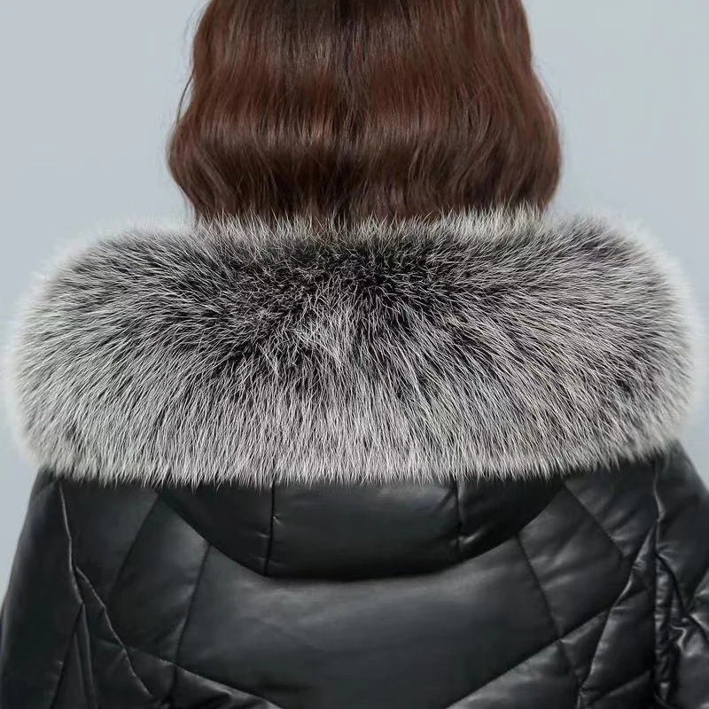 New Women Leather Down Jacket Autumn Winter 2022 Fashion Warm Hooded Real Fox Fur Collar Slim Long Sheepskin Down Coat  Female