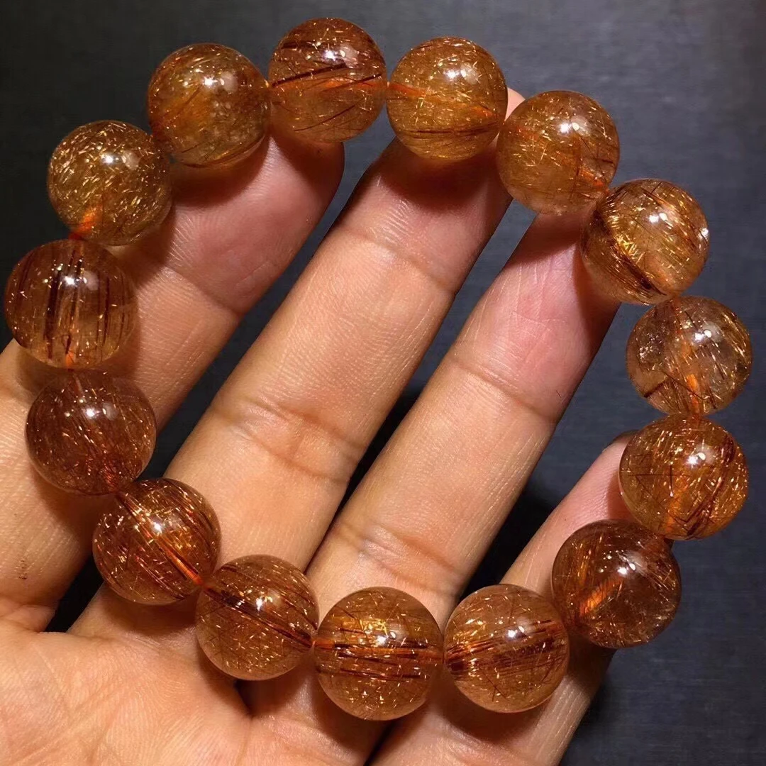 

14mm Natural Copper Rutilated Quartz Crystal Cat Eye Bracelet Gemstone Clear Round Beads Wealthy Stone Brazil AAAAA