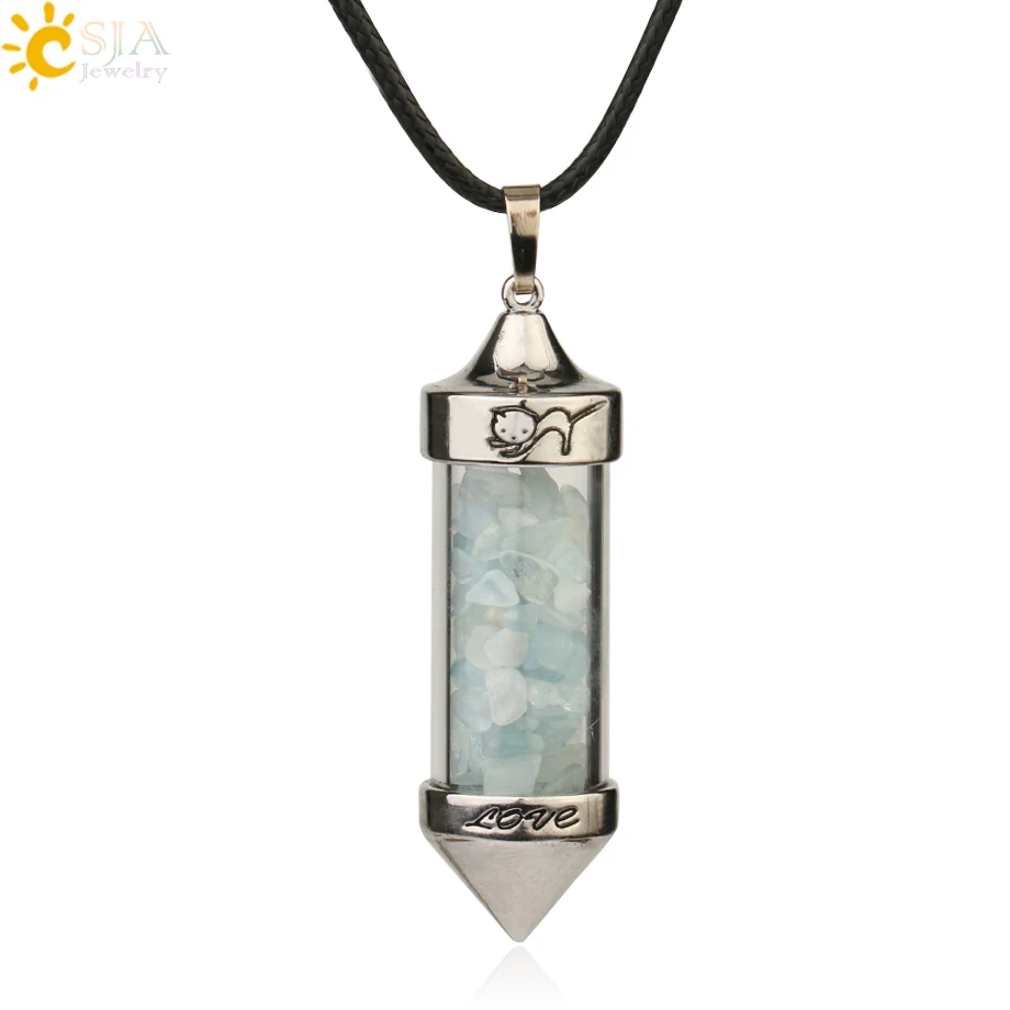 Aquamarine Chain Csja желая Подвески с флаконами ожерелья натуральный камень Гравий в форме пули кулон Романтическая любовь юбилей подарок для женщин G184 - Окраска металла: Aquamarine Chain