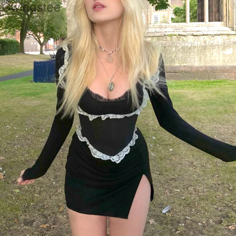 

Vintage Lace Patchwork Y2K Dresses Sexy Gothic Solid Slits Mini Bodycon Dress Aesthetic 90s Chic Long Sleeve Cloth