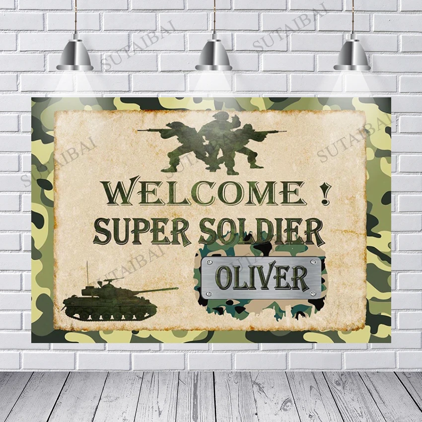 

Custom Super Soldier Photography Background Baby Shower Cartoon Boy 1st Birthday Backdrop Army Camouflage Tank Banner Photobooth