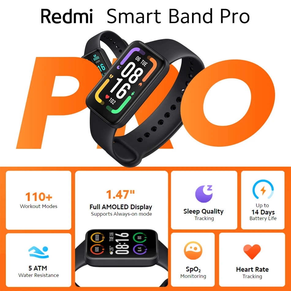 Браслет Xiaomi Redmi Smart Band Pro Mi Водонепроницаемый Фитнес-браслет с 6-цветным AMOLED