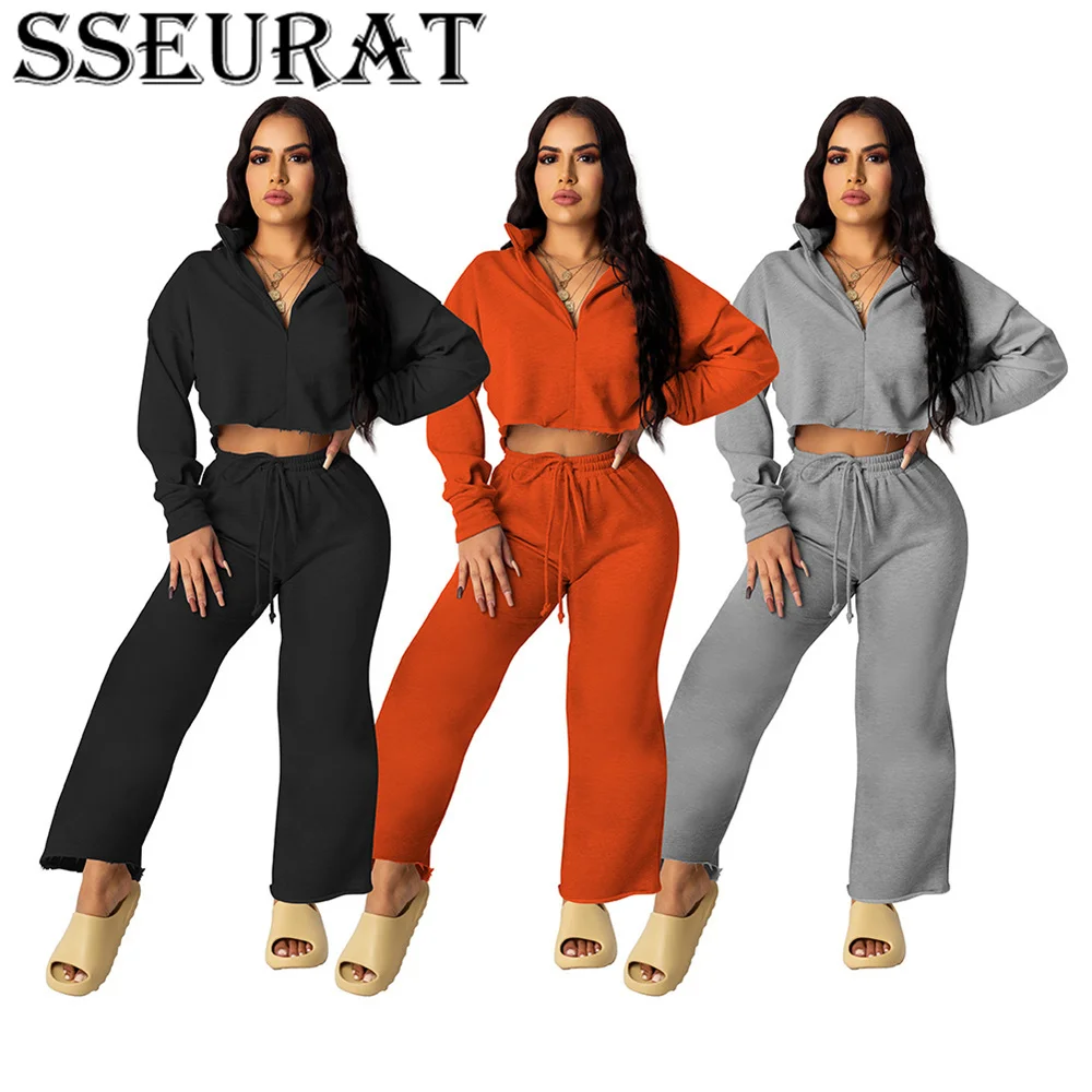 

SSEURAT Women's Set Solid Long Sleeve Zipper Tops+Loose Pants Two Piece Set Autumn Winter Fashion Streetwear Outfits