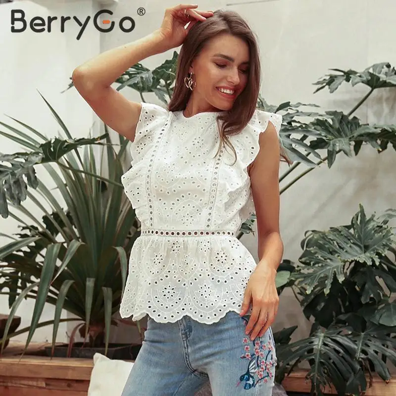 Женский топ с баской BerryGo Повседневный хлопковый оборками круглым вырезом и