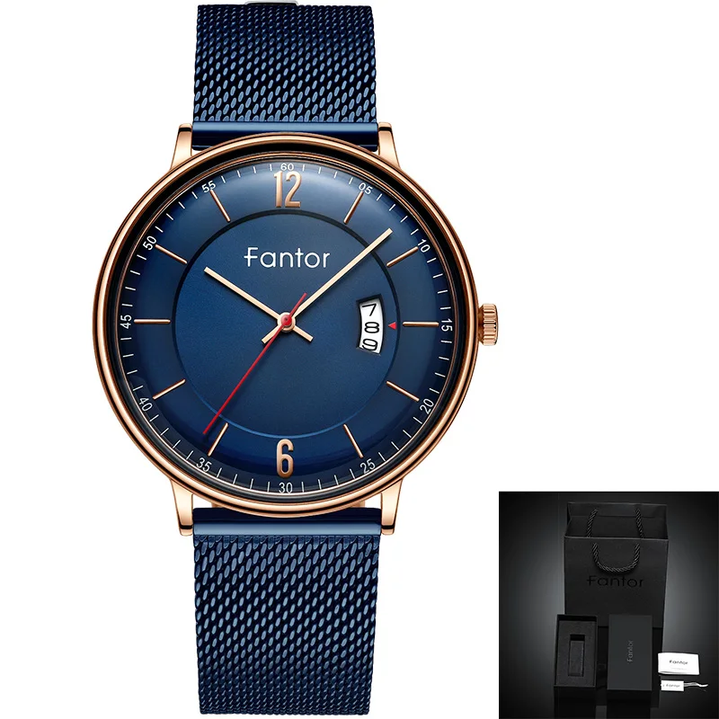 WF1024G03 Fantor, синие роскошные часы с датой, мужские, Топ бренд, новинка, кварцевые наручные часы, мужские, s, повседневные, сетчатые, стальные, водонепроницаемые часы, relogio masculino - Цвет: WF1024G03