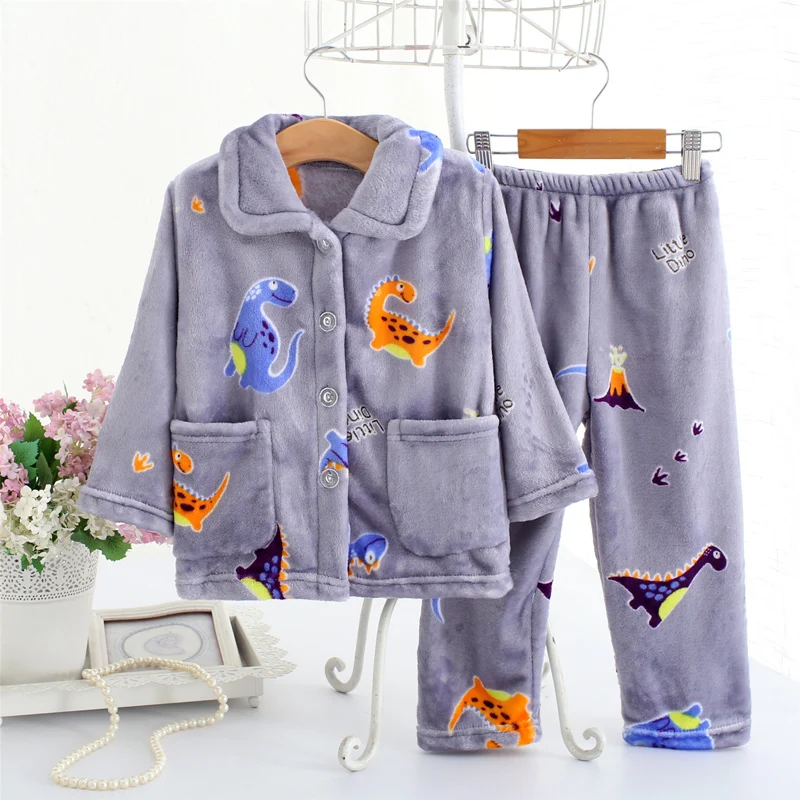 Grey Dinosaur pajama Теплая зимняя Пижама; Фланелевая Пижама для детей; комплект для маленьких мальчиков и девочек; детские пижамы с рисунком; пижамы для младенцев - Цвет: Grey Dinosaur pajama