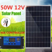 solar panel 50w usb 12v monocrystalline cell 40a solar charger controller for battery cell phone charger with battery clip