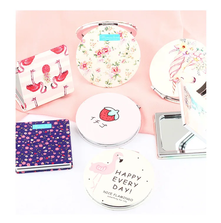 PU Folding Small Mirror Portable Makeup Pocket Mirror Round Mirror