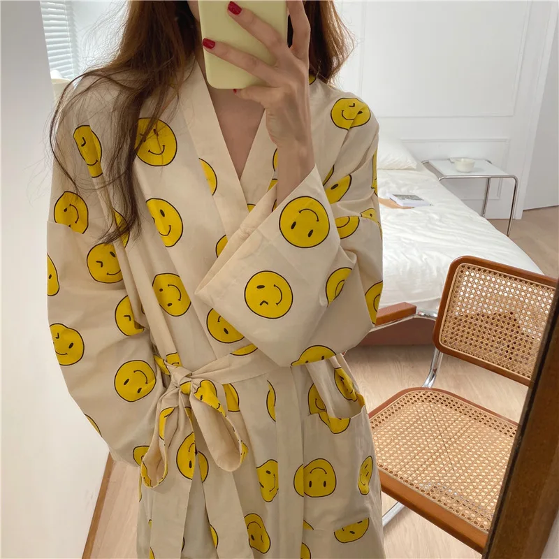 Женская Хлопковая пижама со смайликом халат для душа спа ночной банный ночная