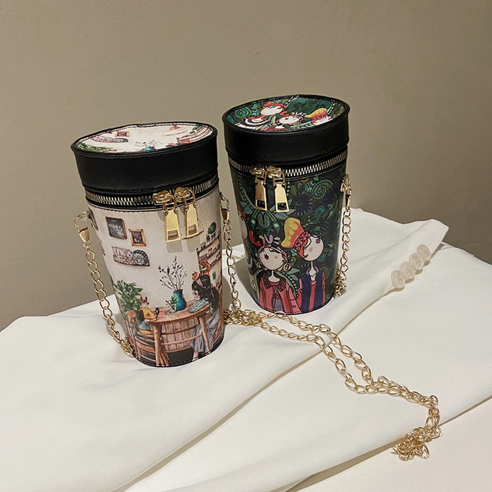 

Women Cylinder Shaped Shoulder Bag PU Classic Texture Creative Design Chic Cute Cartoon Chain Small Crossbody Pouch