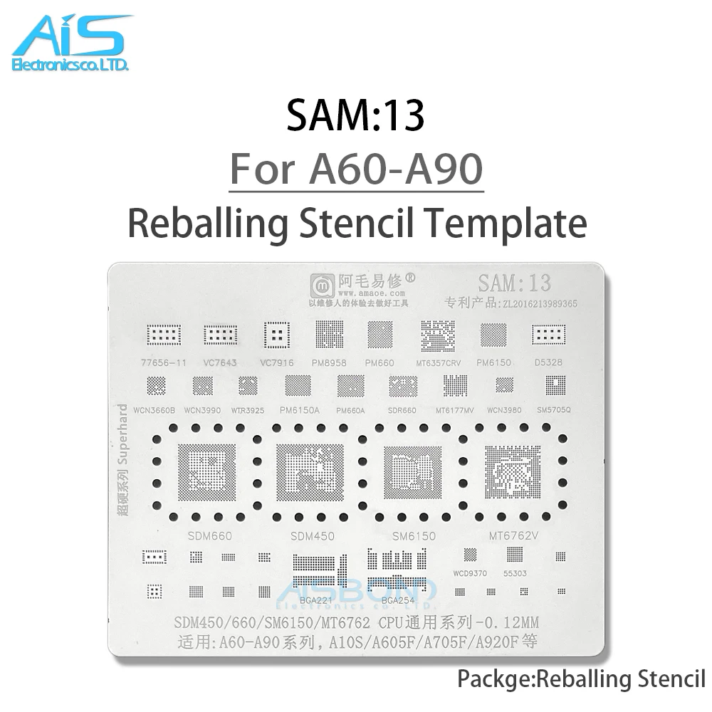 

SAM13 BGA Reballing Stencil For Samsung A10S A20 A30 A40 A50 A60 A70 A80 A90 A605F A705F A920F SDM660 SDM450 SM6150 MT6762V CPU