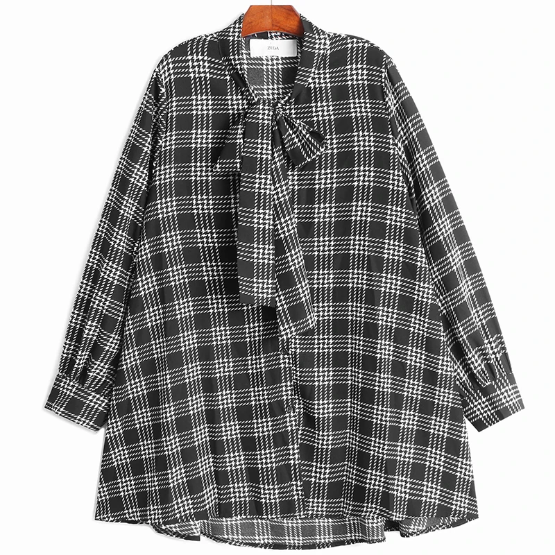 

SuperAen Retro Plaid Chiffon Scarf Collar Shirt 2021 Autumn Loose Slim Bow Casual Full Womens Tops