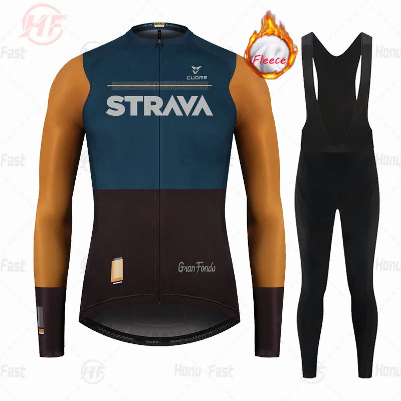 

2022 STRAVA Winter Cycling Jersey Set Men Fleece Racing Bike Cycling Suit Mountian Bicycle Ropa Ciclismo Warm Cycling Clothing