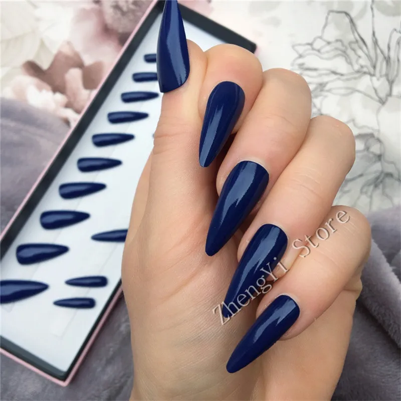 

Dark Blue Tapered Press On Nails Almond Stiletto Midi False Nails With Glue Sticker Glossy Faux Ongles Artificial Nepnagels Tips