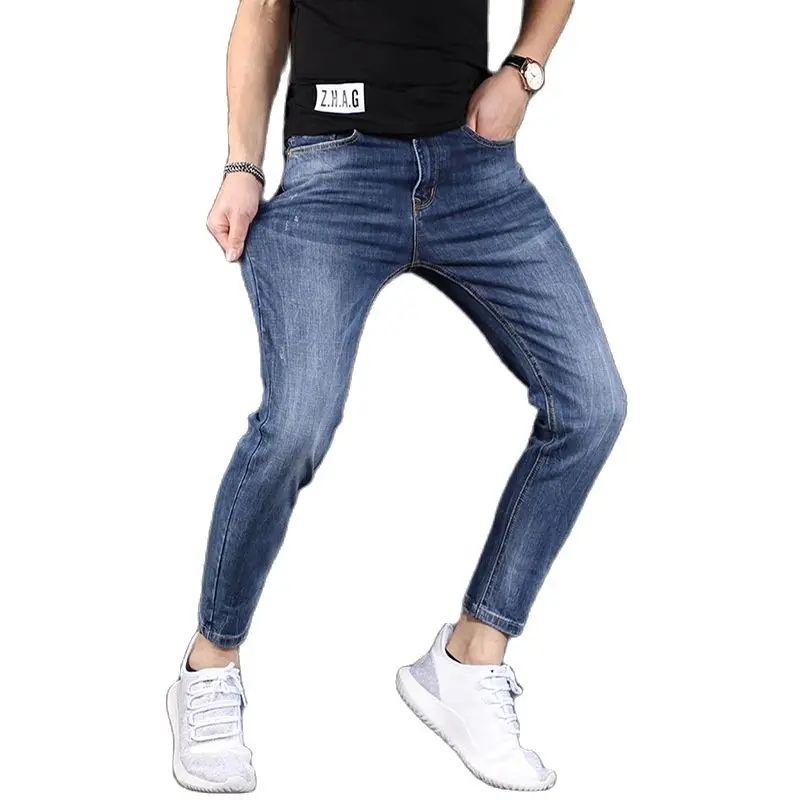 

Модные облегающие джинсы с эффектом потертости в Корейском стиле 2021, высококлассные эластичные повседневные синие уличные брюки, школьные ...