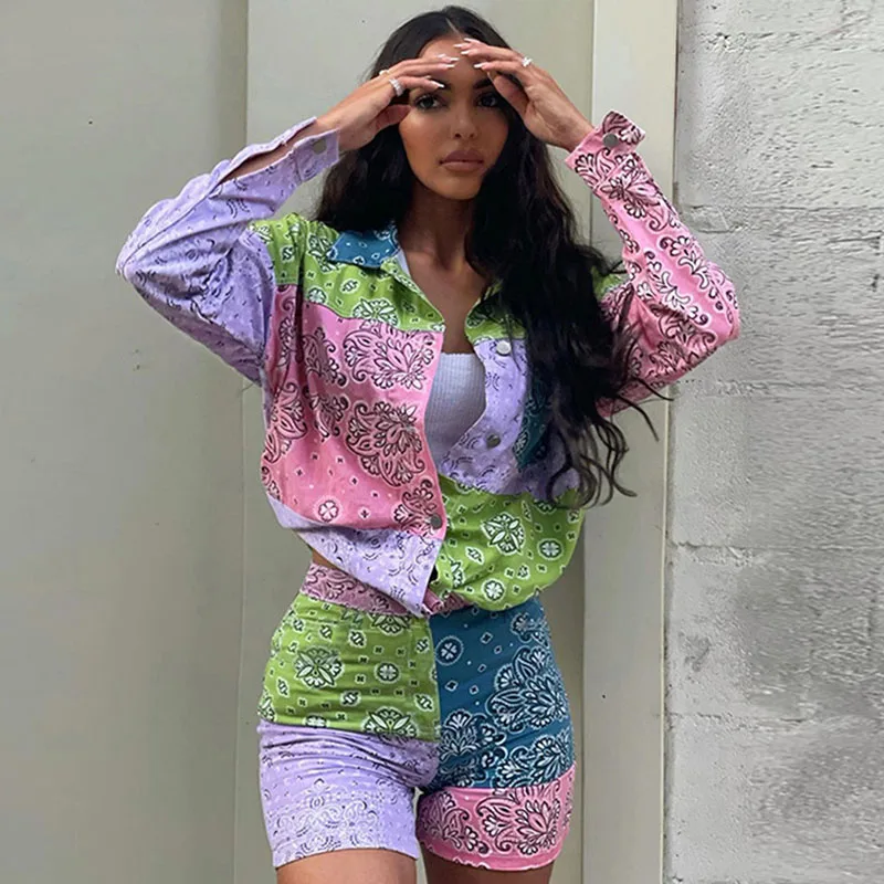 

Bandana Printed Two Piece Set Women Clothing Sets Long Sleeve Shirt Top and Shorts Suits Y2K Club Birthday Outfits Matching Sets