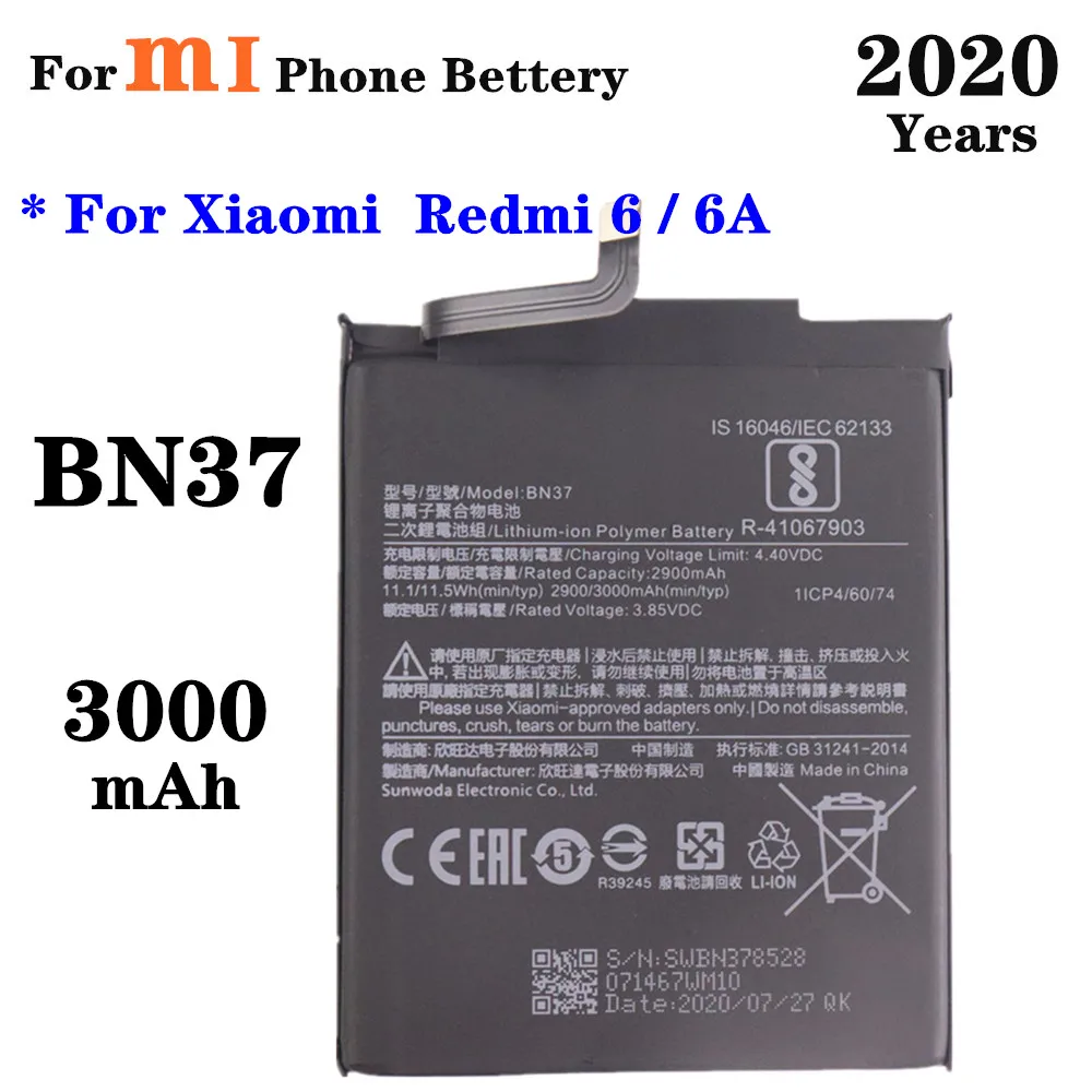 

BN37 3000mAh for Xiaomi Redmi 6 Redmi6 ,Redmi 6A Phone Battery High Quality Replacement Batteries