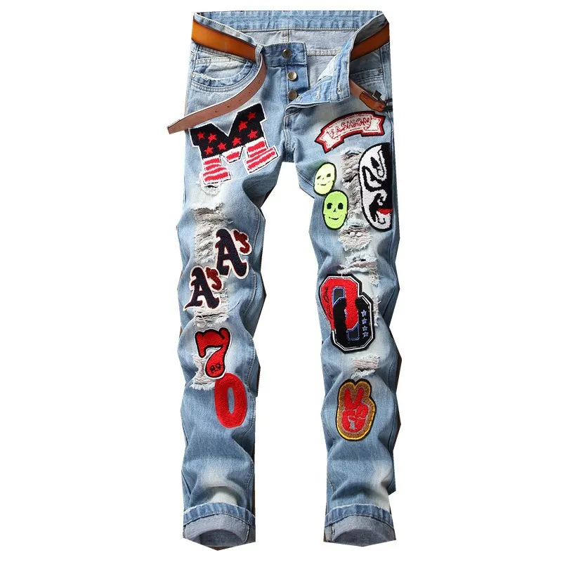 

Fall/winter Jeans Men's Fashion Applique Multi-badge Ripped Straight-leg Pants Trendy Men's Slim Blue Jeans