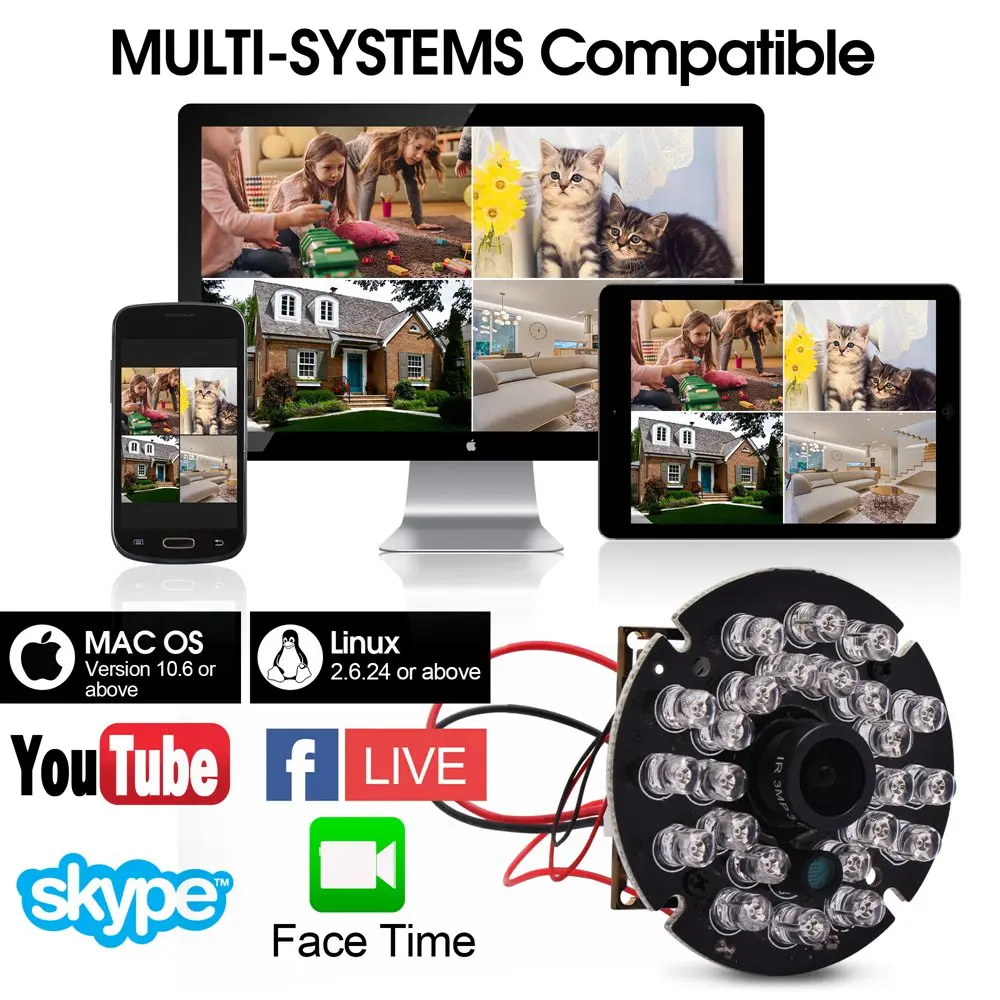 ELP Бесплатная драйвер 5V 24 шт ИК светодиодный Ночное видение веб камера HD USB2.0 1MP 30fps