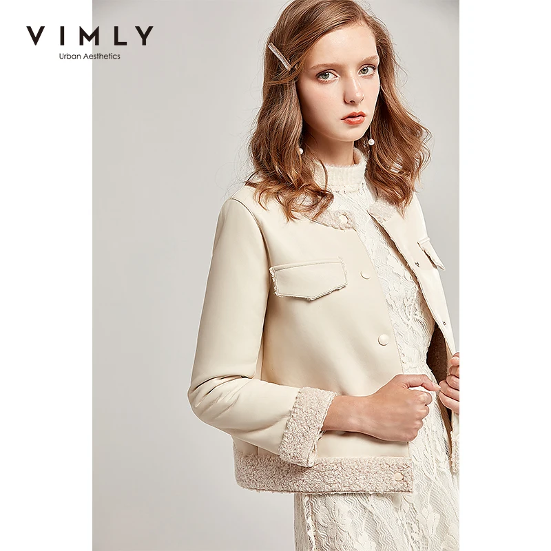 Женская кожаная куртка Vimly весенне осенняя однотонная приталенная одежда из