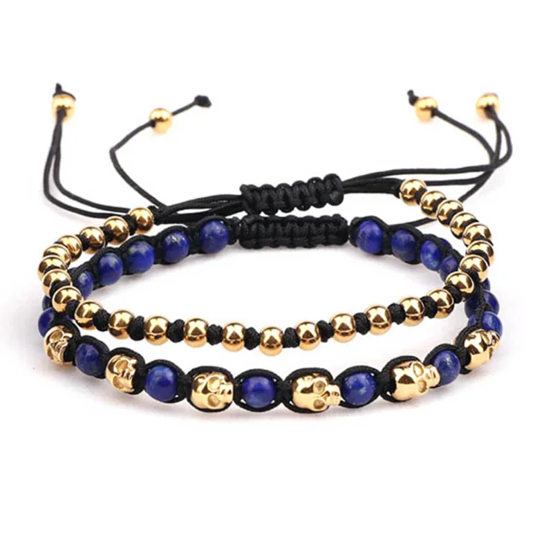 Fashion New Style Stainless Steel Skull Beads Natural Stone Woven Bracelet Men Women Jewelry