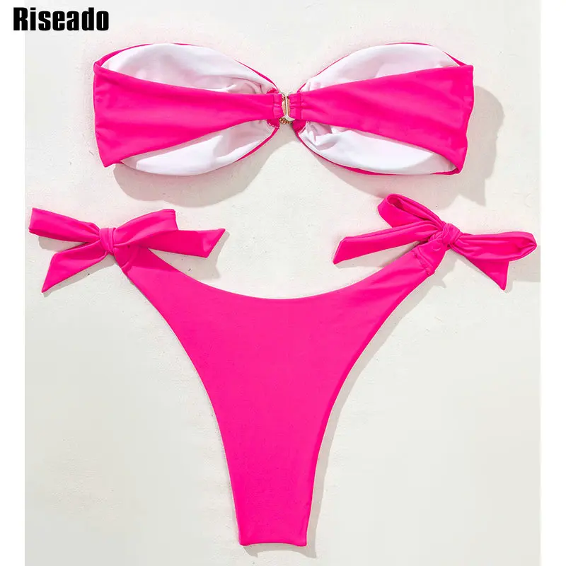 

Riseado Bandeau Bikini Women's Swimsuit Sexy Swimwear Women 2021 High Cut Bathing Suits Ruched Biquini Summer Knotted Beachwear