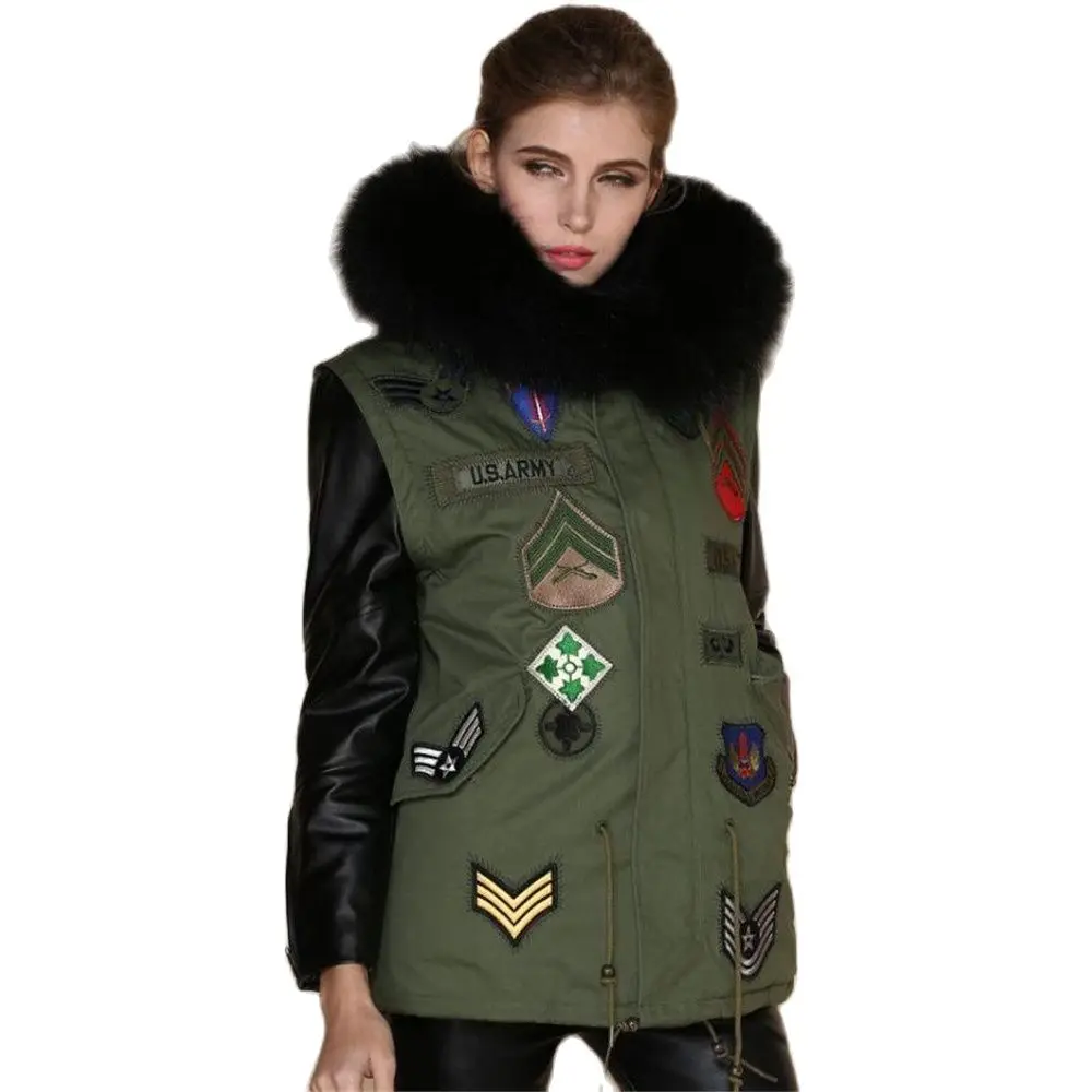 Top women's real raccoon large fur coat Full lining of black faux Army Green mr mrs Jackets Leather Unisex | Женская одежда