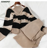 fashion striped knitted two piece set women sexy contrast color halter v neck knitwear tops solid color wide leg pants 2020