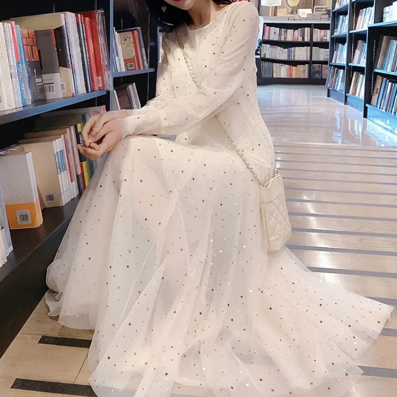

2019 Brand New Women Fashion Dress O-neck Long Sleeve Sequins Tulle Midi Dress Stars Pallitte Mesh Party Dress Vestidos
