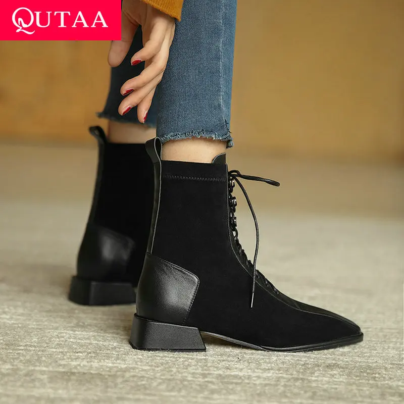 

QUTAA 2022 Patent Leather Ankle Boots Casual Round Toe Zipper Women Shoes Autumn Winter Square Med Heel Short Boots Size 34-42