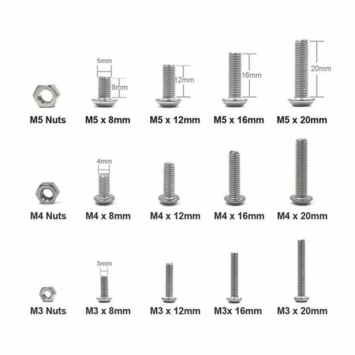 

304 Stainless Steel Hex Socket Cap 500pcs Set Head Bolts M3 M4 M5 Nuts Screws