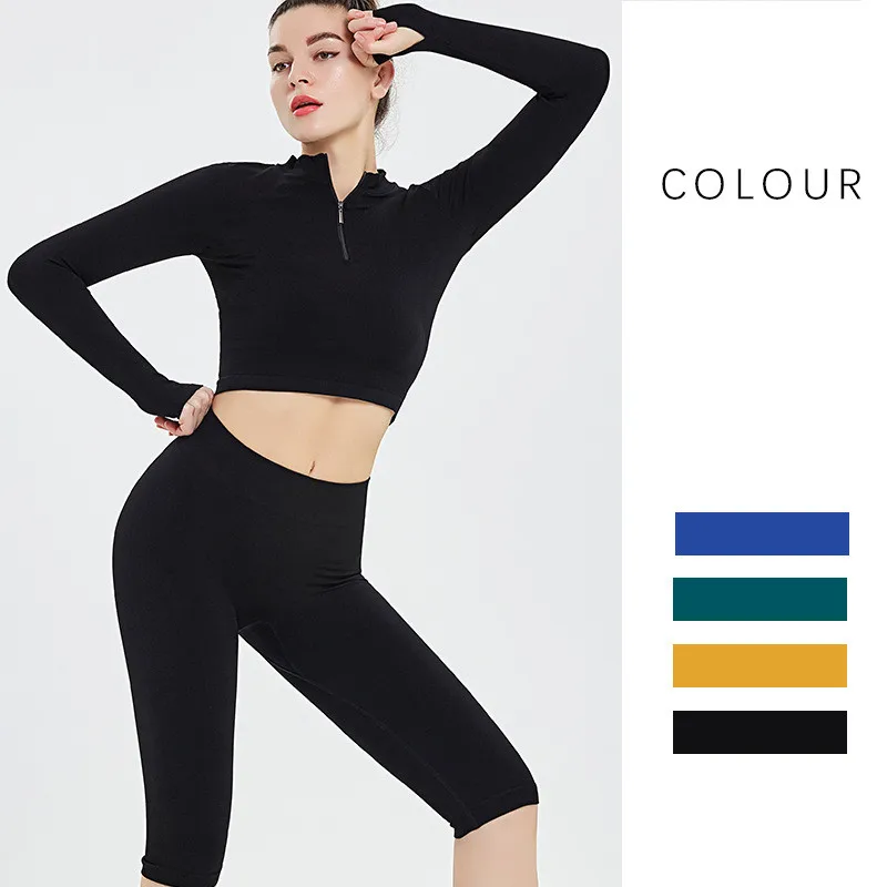 

Pure Color Seamless Yoga Clothing Suit Women Sports Fitness Top Zipper Long-sleeved Shirt Five-point Shorts Two-piece Set Female