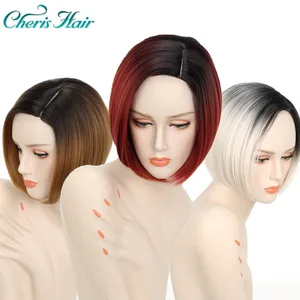 Синтетический афро парик короткий простой стиль Омбре темные корни крупные волосы черные коричневые красные парики для женщин парики для косплея с челкой